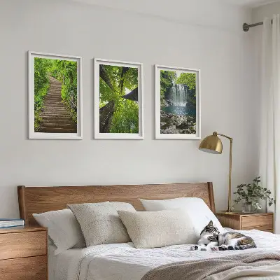Set om 3 tavlor motiv med skog och vattenfall
