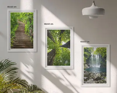 Set om 3 tavlor motiv med skog och vattenfall