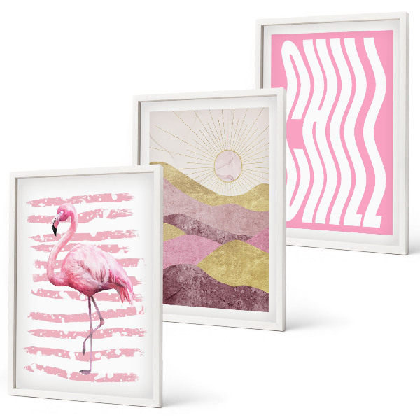 Tavelpaket med ramar Rosa flamingo pastelllandskap