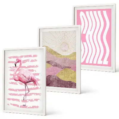 Tavelset med ramar rosa flamingo i pastellandskap