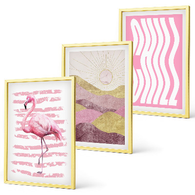 Tavelpaket med ramar Rosa flamingo pastelllandskap
