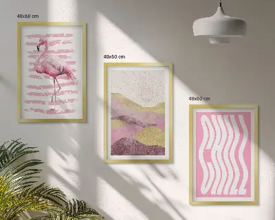 Tavelset med ramar rosa flamingo i pastellandskap