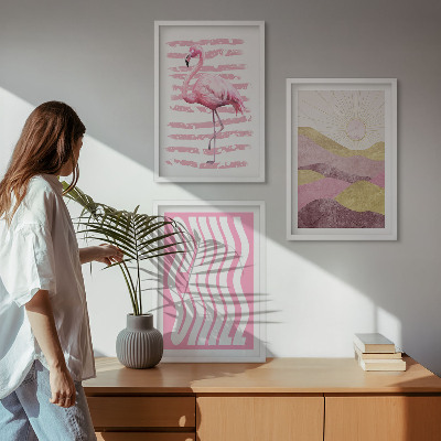 Tavelpaket med ramar Rosa flamingo pastelllandskap