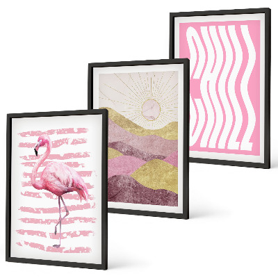 Tavelpaket med ramar Rosa flamingo pastelllandskap