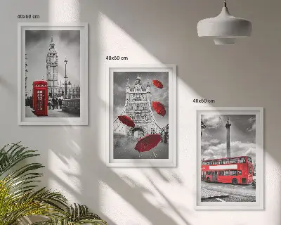 Tavelset med motiv av rött paraply och Londonbuss set om 3 tavlor
