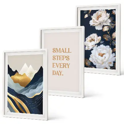Tavelset med abstrakta berg och blommor inspirerat motiv för väggen ovanför soffan