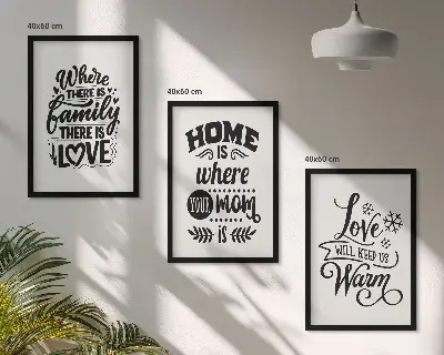 Tavelvägg med ramar tema familj, kärlek, hem och värme