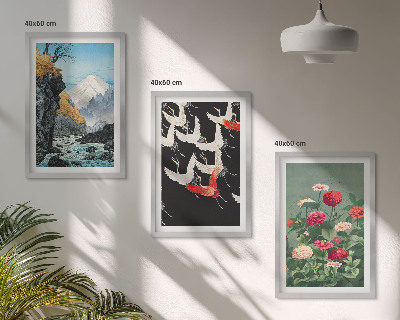 Tavelset ovanför soffa Berg vattenfall fåglar blommor