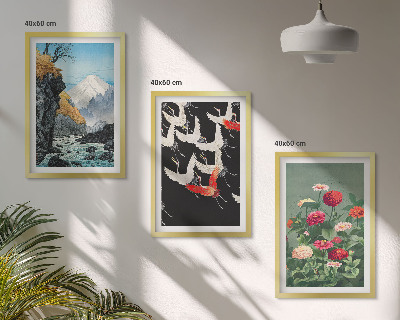 Tavelset ovanför soffa Berg vattenfall fåglar blommor