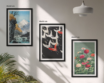 Tavelset ovanför soffa Berg vattenfall fåglar blommor