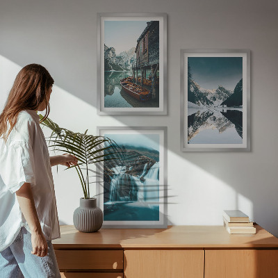 Set om 3 tavlor Bergslandskap vattenfall sjö