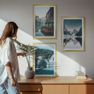 Set om 3 tavlor Bergslandskap vattenfall sjö
