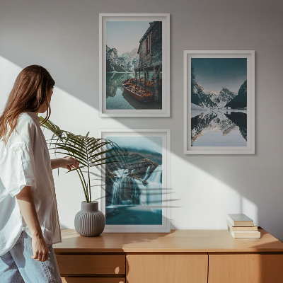 Set om 3 tavlor Bergslandskap vattenfall sjö