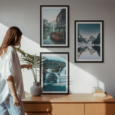 Set om 3 tavlor Bergslandskap vattenfall sjö