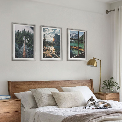 Set om 3 tavlor Bro, skog, sjö, båtar, berg