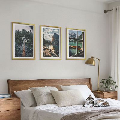 Set om 3 tavlor Bro, skog, sjö, båtar, berg