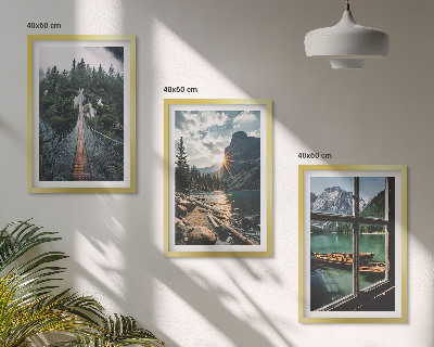 Set om 3 tavlor Bro, skog, sjö, båtar, berg