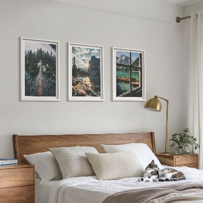 Set om 3 tavlor Bro, skog, sjö, båtar, berg