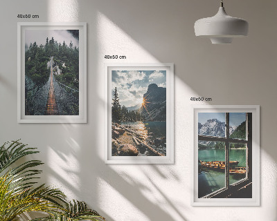Set om 3 tavlor Bro, skog, sjö, båtar, berg