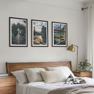 Set om 3 tavlor Bro, skog, sjö, båtar, berg