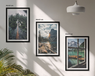Set om 3 tavlor Bro, skog, sjö, båtar, berg