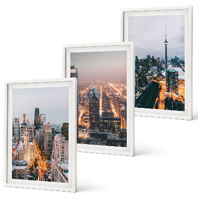 Set om 3 tavlor Städer på natten skyskrapor ljus