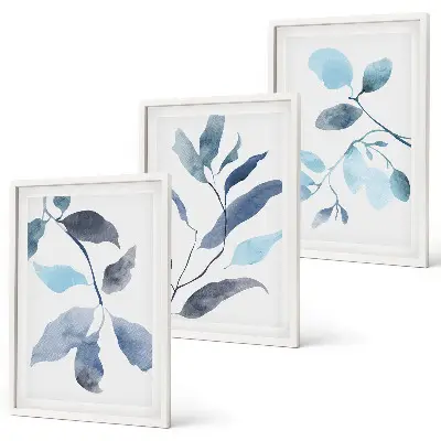 Akvarell med blå blad tavelvägg med ramar