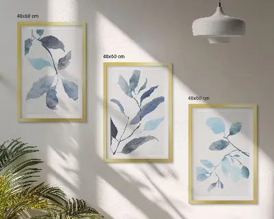 Akvarell med blå blad tavelvägg med ramar