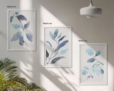 Akvarell med blå blad tavelvägg med ramar