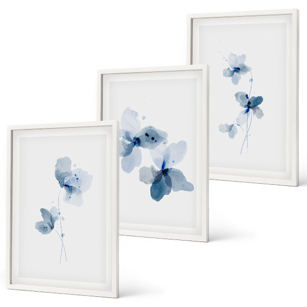 Set om 3 tavlor Blå blommor