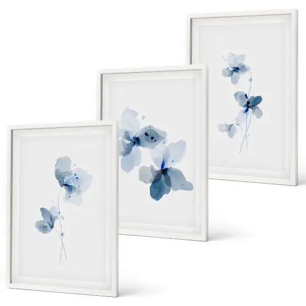 Blå blommor set om 3 tavlor