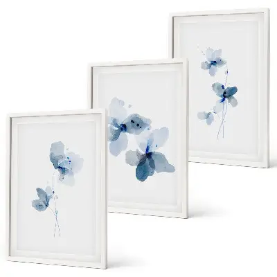 Blå blommor set om 3 tavlor