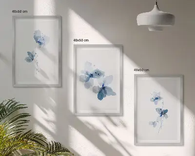 Blå blommor set om 3 tavlor