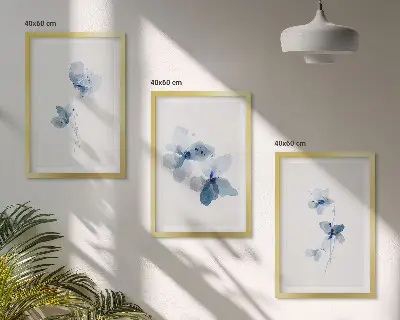 Blå blommor set om 3 tavlor