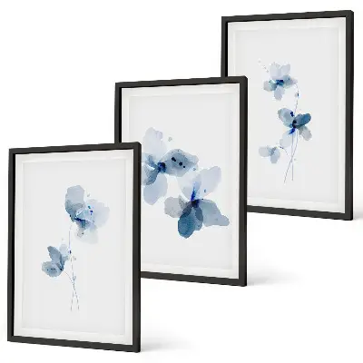 Blå blommor set om 3 tavlor