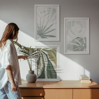 Tavelset ovanför soffa Växters blad i grönt och grått