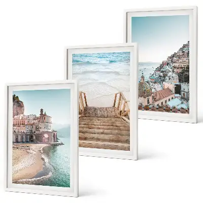 Sommarpastellfärgade strandvyer set om 3 tavlor