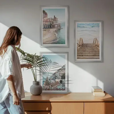 Sommarpastellfärgade strandvyer set om 3 tavlor