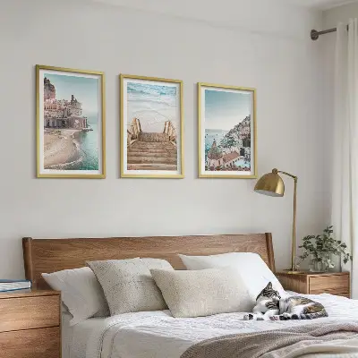 Sommarpastellfärgade strandvyer set om 3 tavlor
