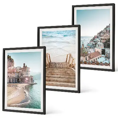 Sommarpastellfärgade strandvyer set om 3 tavlor