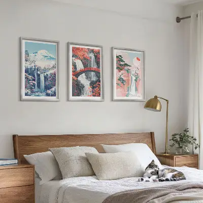 Tavelset med ramar motiv av vattenfall, berg, bro och träd