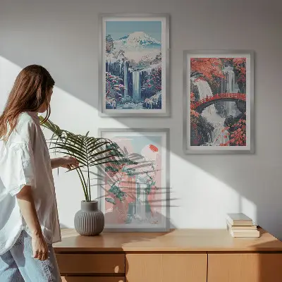 Tavelset med ramar motiv av vattenfall, berg, bro och träd