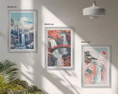Tavelset med ramar motiv av vattenfall, berg, bro och träd