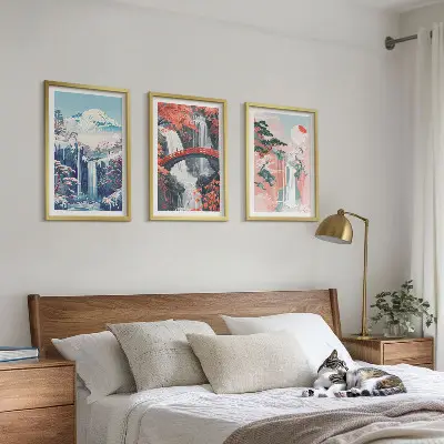 Tavelset med ramar motiv av vattenfall, berg, bro och träd