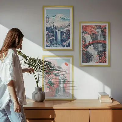 Tavelset med ramar motiv av vattenfall, berg, bro och träd