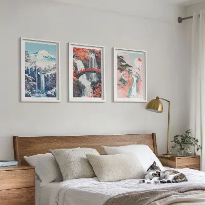 Tavelset med ramar motiv av vattenfall, berg, bro och träd