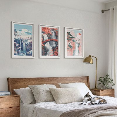 Tavelpaket med ramar Vattenfall berg bro träd