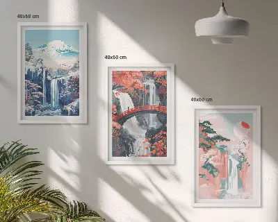 Tavelset med ramar motiv av vattenfall, berg, bro och träd