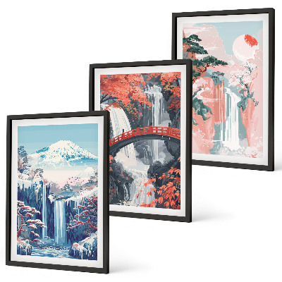 Tavelpaket med ramar Vattenfall berg bro träd