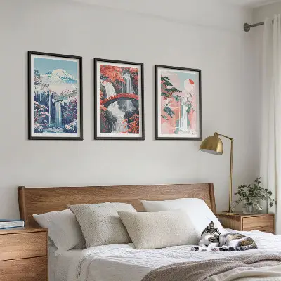 Tavelset med ramar motiv av vattenfall, berg, bro och träd